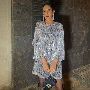 ZARA FRINGED SEQUIN MINI SHIFT DRESS